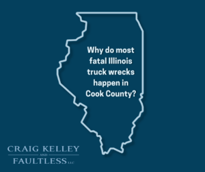 outline of the state of Illinois with text inside reading 'Why do most fatal Illinois truck wrecks happen in Cook County?'