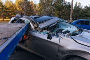 back end of a semi truck bed smashed into gray sedan