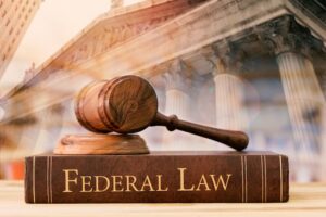 A wooden gavel rests on top of a thick book titled "Federal Law," with an overlay of a classical building with pillars in the background, symbolizing the judicial system and the impact of federal regulations.