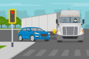 A truck and car patiently wait at a red light, showcasing the need for wide right turns. Safety first on the road!